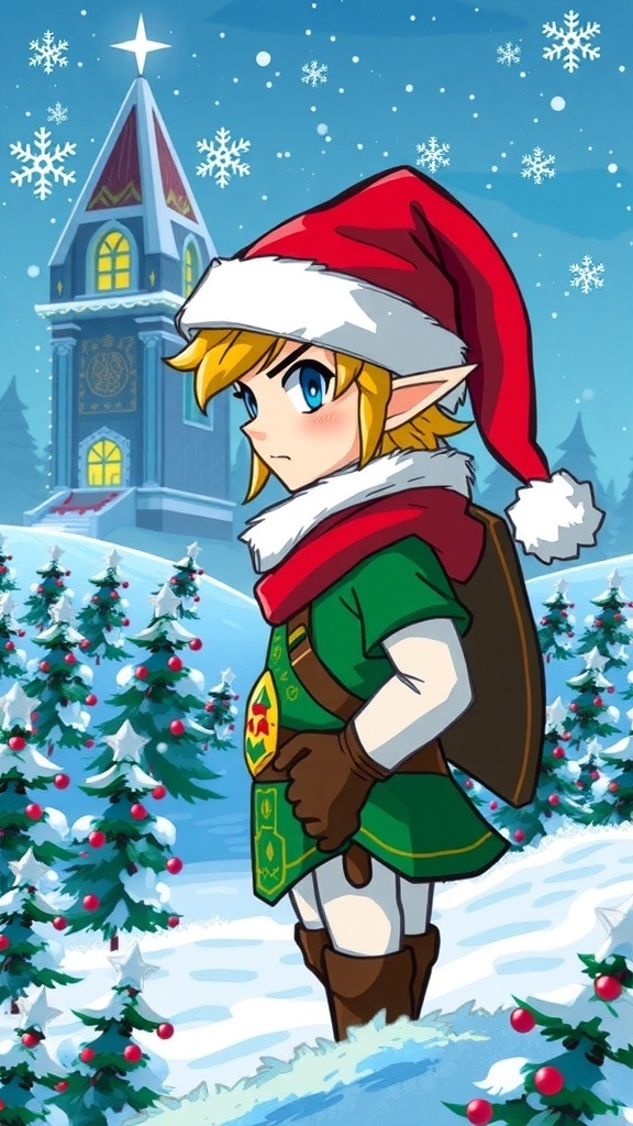 Link in a Santa outfit in a snowy Hyrule landscape with Christmas trees and snowflakes.
